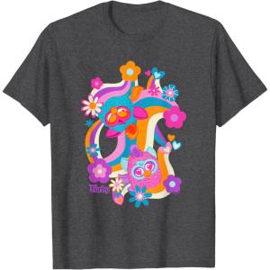 imageFurby Groovy Vintage 70s Rainbow Floral Waves Poster TShirtDark Heather Grey