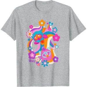imageFurby Groovy Vintage 70s Rainbow Floral Waves Poster TShirtHeather Grey