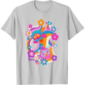 imageFurby Groovy Vintage 70s Rainbow Floral Waves Poster TShirtSilver Grey
