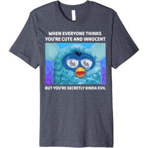 imageFurby Cute But Secretly Kinda Evil Photo Meme Premium TShirtHeather Blue