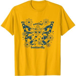 imageFurby Cute Social Butterfly Floral Big Chest Logo TShirtGolden Yellow