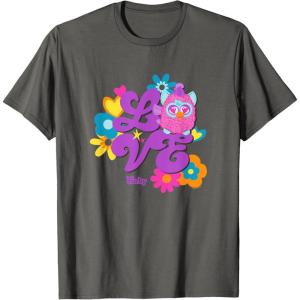 imageFurby Groovy Vintage Love 70s Rainbow Floral Purple Logo TShirtAsphalt Grey