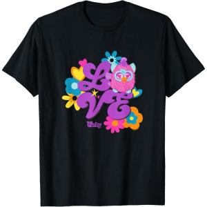 imageFurby Groovy Vintage Love 70s Rainbow Floral Purple Logo TShirtBlack