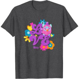 imageFurby Groovy Vintage Love 70s Rainbow Floral Purple Logo TShirtDark Heather Grey