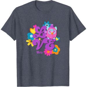 imageFurby Groovy Vintage Love 70s Rainbow Floral Purple Logo TShirtHeather Blue